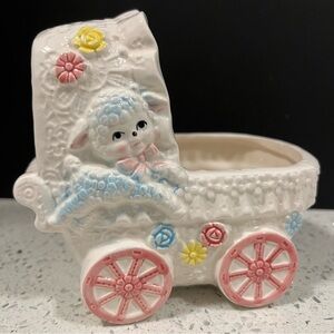 Vintage RELPO #2171 Ceramic Buggy Pram Planter with Lamb | Japan | Kitschy